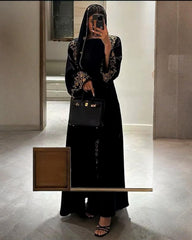 Premium Classic Black Qatri Nida Farbic Hand Work Abaya With Dupatta
