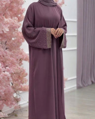 Premium Classic Mauve Pink Qatri Nida Farbic Hand Work Abaya With Dupatta