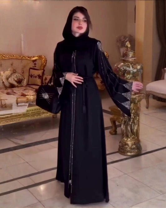 Premium Classic Black Qatri Nida Farbic Hand Work Abaya With Dupatta