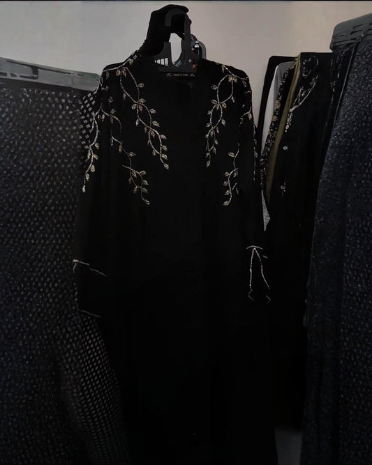 Premium Classic Black Qatri Nida Farbic Hand Work Abaya With Dupatta