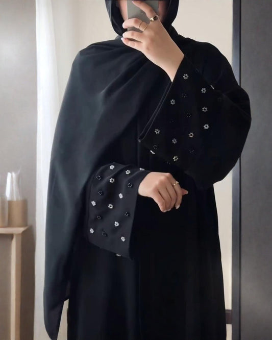 Premium Classic Black Qatri Nida Farbic Hand Work Abaya With Dupatta