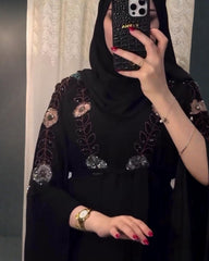 Premium Classic Black Qatri Nida Farbic Hand Work Abaya With Dupatta