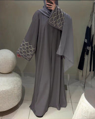 Premium Elegant Grey Qatri Nida Farbic Hand Work Abaya With Dupatta