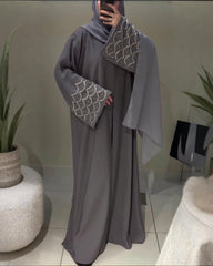 Premium Elegant Grey Qatri Nida Farbic Hand Work Abaya With Dupatta