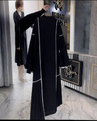 Premium Classic Black (White piping contrast) Qatri Nida Farbic Hand Work Abaya With Dupatta