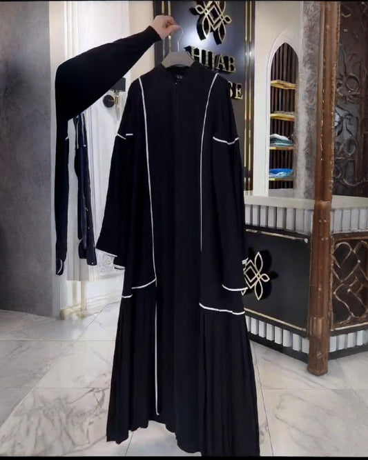 Premium Classic Black (White piping contrast) Qatri Nida Farbic Hand Work Abaya With Dupatta