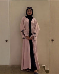 Premium Classic Blush Pink with Black contrast Qatri Nida Farbic Hand Work Abaya With Dupatta