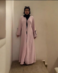 Premium Classic Blush Pink with Black contrast Qatri Nida Farbic Hand Work Abaya With Dupatta