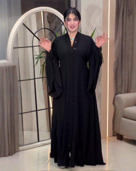 Premium Classic Black Qatri Nida Farbic Hand Work Abaya With Dupatta