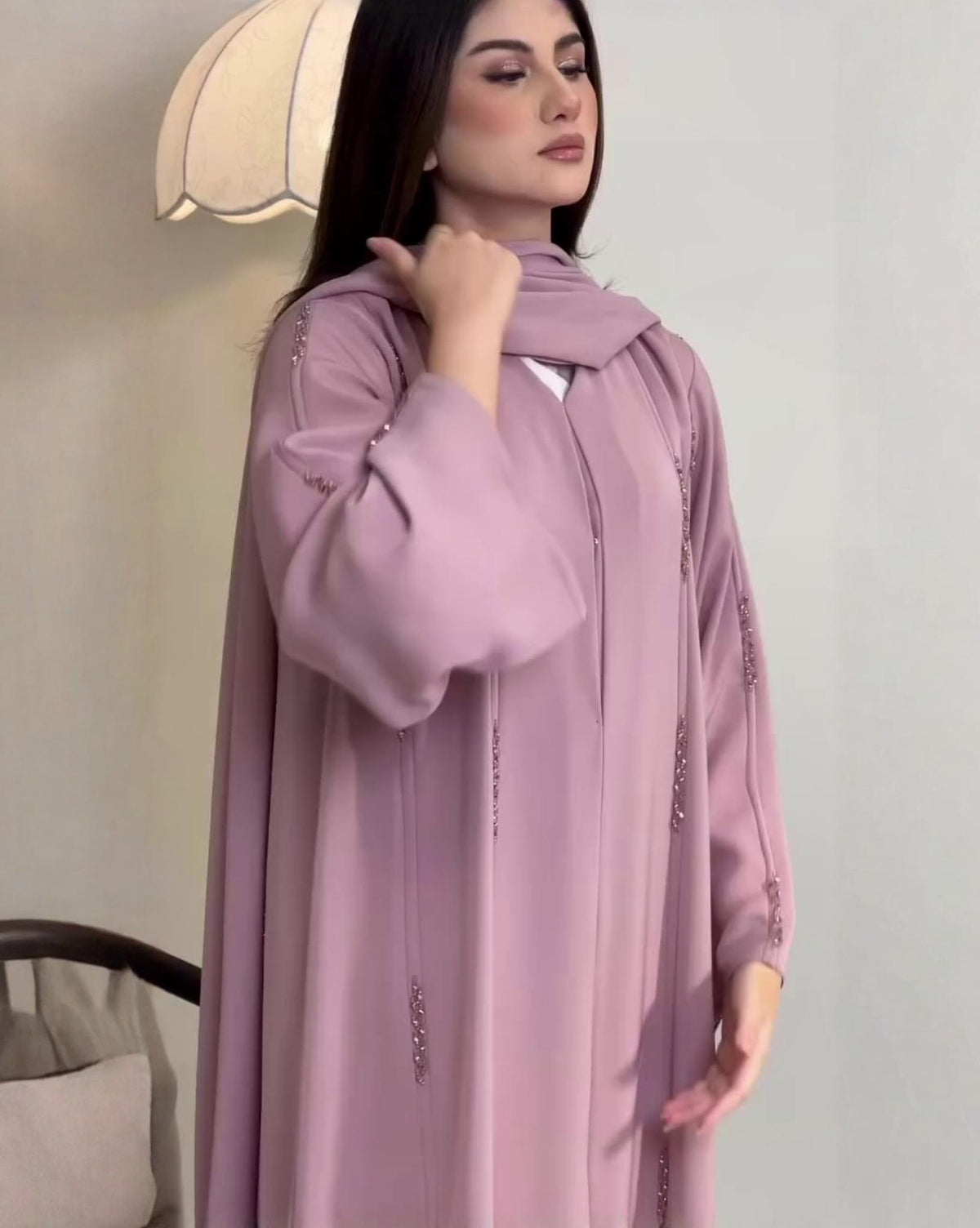 Premium Dusty Mauve Pink tone Qatri Nida Farbic Hand Work Abaya With Dupatta