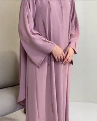 Premium Dusty Mauve Pink tone Qatri Nida Farbic Hand Work Abaya With Dupatta