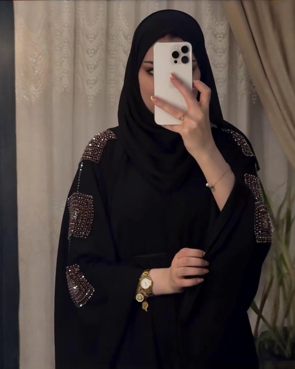 Premium Classic Black Qatri Nida Farbic Hand Work Abaya With Dupatta