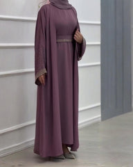 Premium Classic Mauve Pink Qatri Nida Farbic Hand Work Abaya With Dupatta