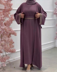 Premium Classic Mauve Pink Qatri Nida Farbic Hand Work Abaya With Dupatta