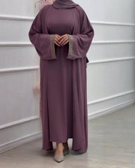 Premium Classic Mauve Pink Qatri Nida Farbic Hand Work Abaya With Dupatta