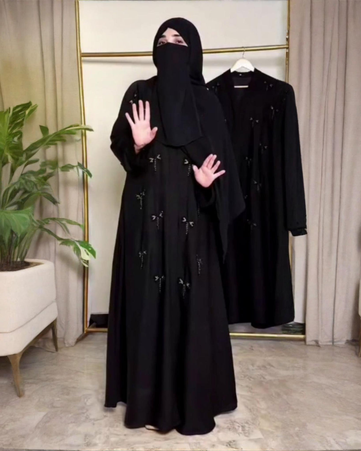Premium Classic Black Qatri Nida Farbic Hand Work Abaya With Dupatta