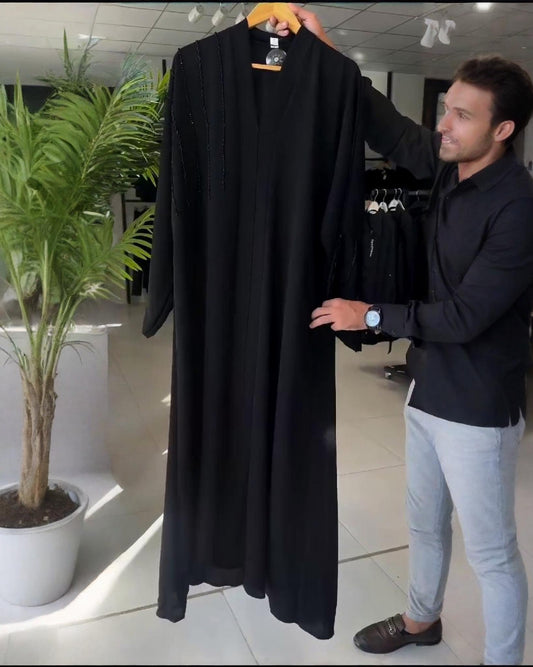 Premium Classic Black Qatri Nida Farbic Hand Work Abaya With Dupatta