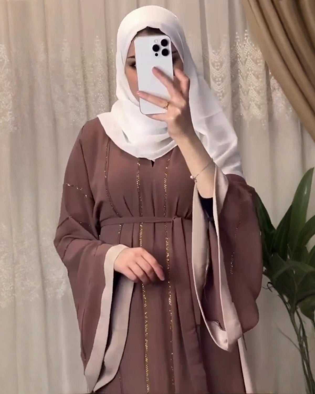 Premium soft mocha brown tone Qatri Nida Farbic Hand Work Abaya With Dupatta