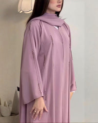 Premium Dusty Mauve Pink tone Qatri Nida Farbic Hand Work Abaya With Dupatta