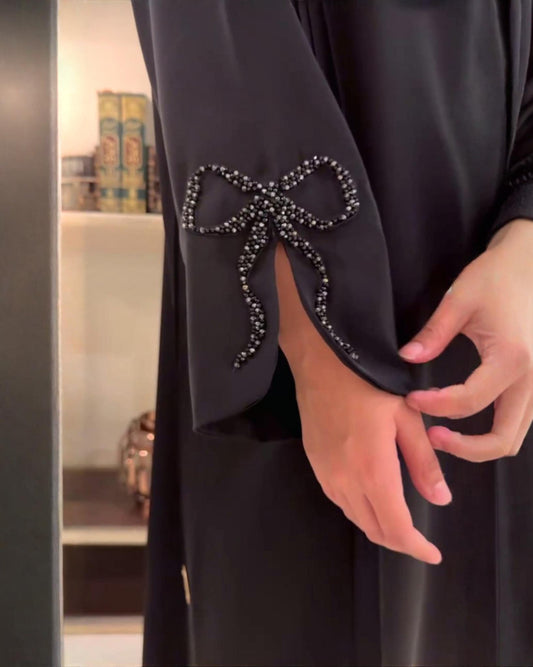 Classic Black Nida Fabric Daily Wear Abaya Free Size Hand Work Abaya With Dupatta