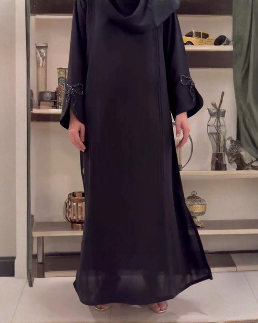 Classic Black Nida Fabric Daily Wear Abaya Free Size Hand Work Abaya With Dupatta