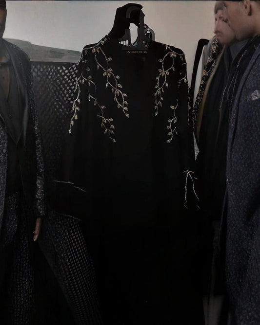 Premium Classic Black Qatri Nida Farbic Hand Work Abaya With Dupatta