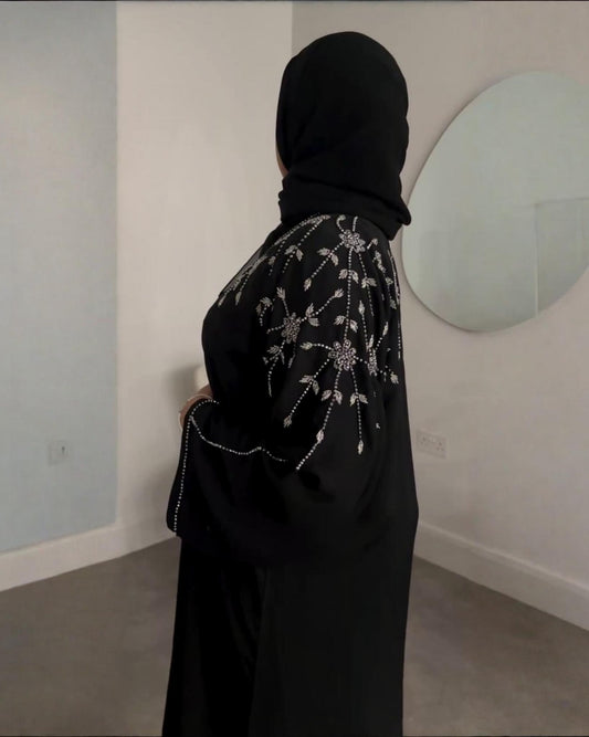 Premium Classic Black Qatri Nida Farbic Hand Work Abaya With Dupatta