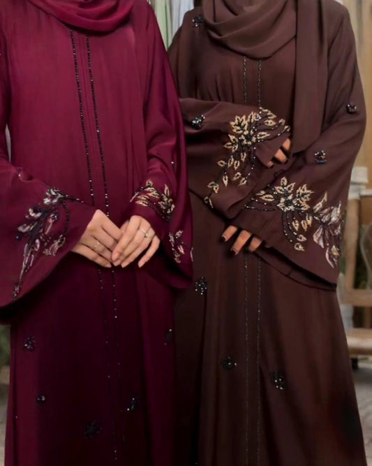 Premium 3 Beautiful Colors Qatri Nida Farbic Hand Work Abaya With Dupatta