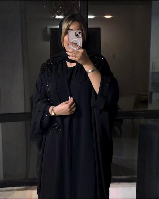 Premium Classic Black Qatri Nida Farbic Hand Work Abaya With Dupatta