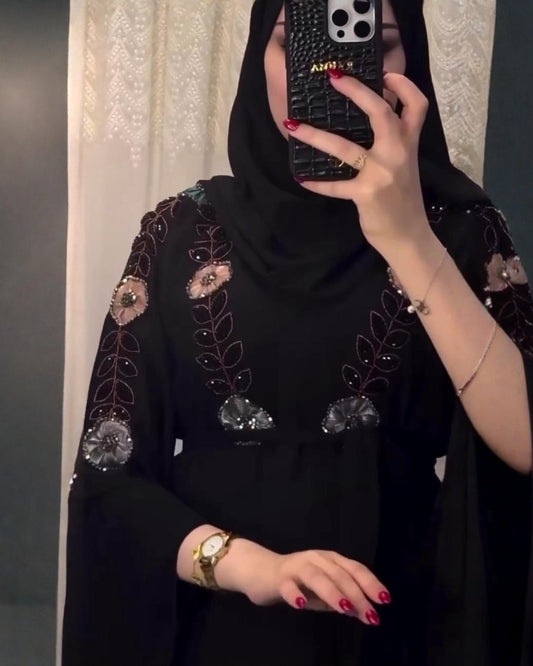 Premium Classic Black Qatri Nida Farbic Hand Work Abaya With Dupatta