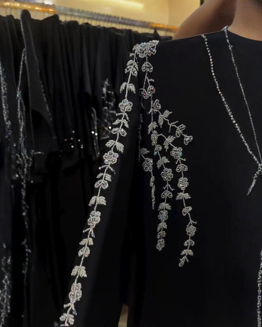 Premium Classic Black Qatri Nida Farbic Hand Work Abaya With Dupatta
