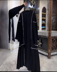 Premium Classic Black (White piping contrast) Qatri Nida Farbic Hand Work Abaya With Dupatta