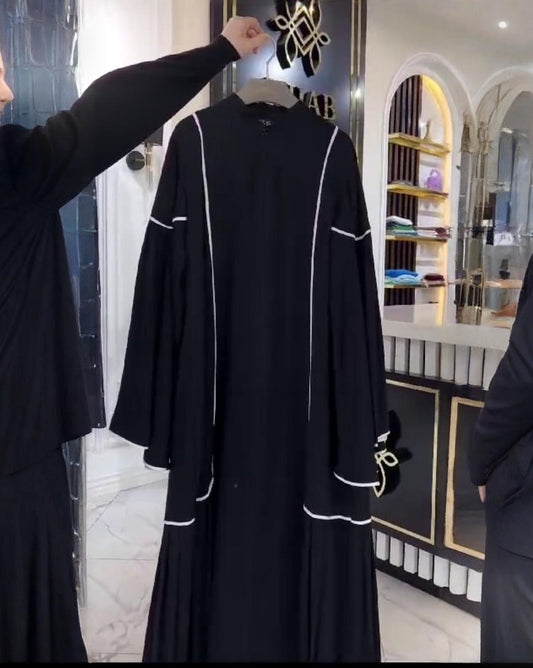 Premium Classic Black (White piping contrast) Qatri Nida Farbic Hand Work Abaya With Dupatta