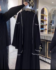 Premium Classic Black (White piping contrast) Qatri Nida Farbic Hand Work Abaya With Dupatta