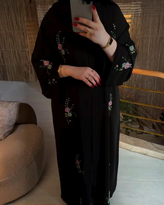Premium Classic Black Qatri Nida Farbic Hand Work Abaya With Dupatta