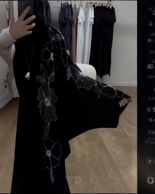 Premium Classic Black Qatri Nida Farbic Hand Work Abaya With Dupatta