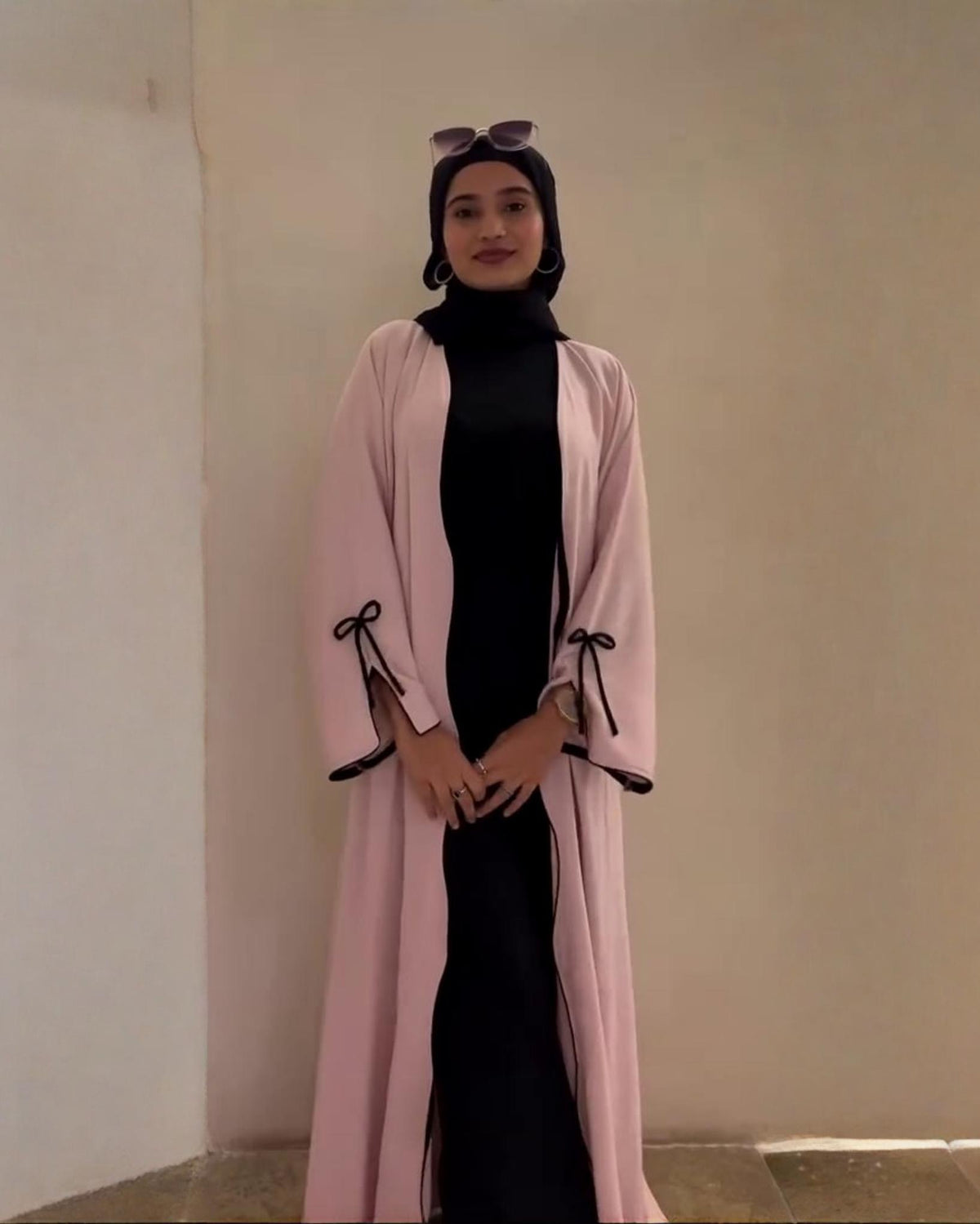 Premium Classic Blush Pink with Black contrast Qatri Nida Farbic Hand Work Abaya With Dupatta