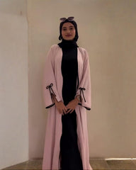 Premium Classic Blush Pink with Black contrast Qatri Nida Farbic Hand Work Abaya With Dupatta
