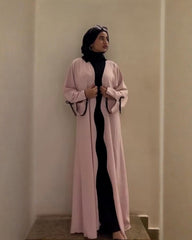 Premium Classic Blush Pink with Black contrast Qatri Nida Farbic Hand Work Abaya With Dupatta