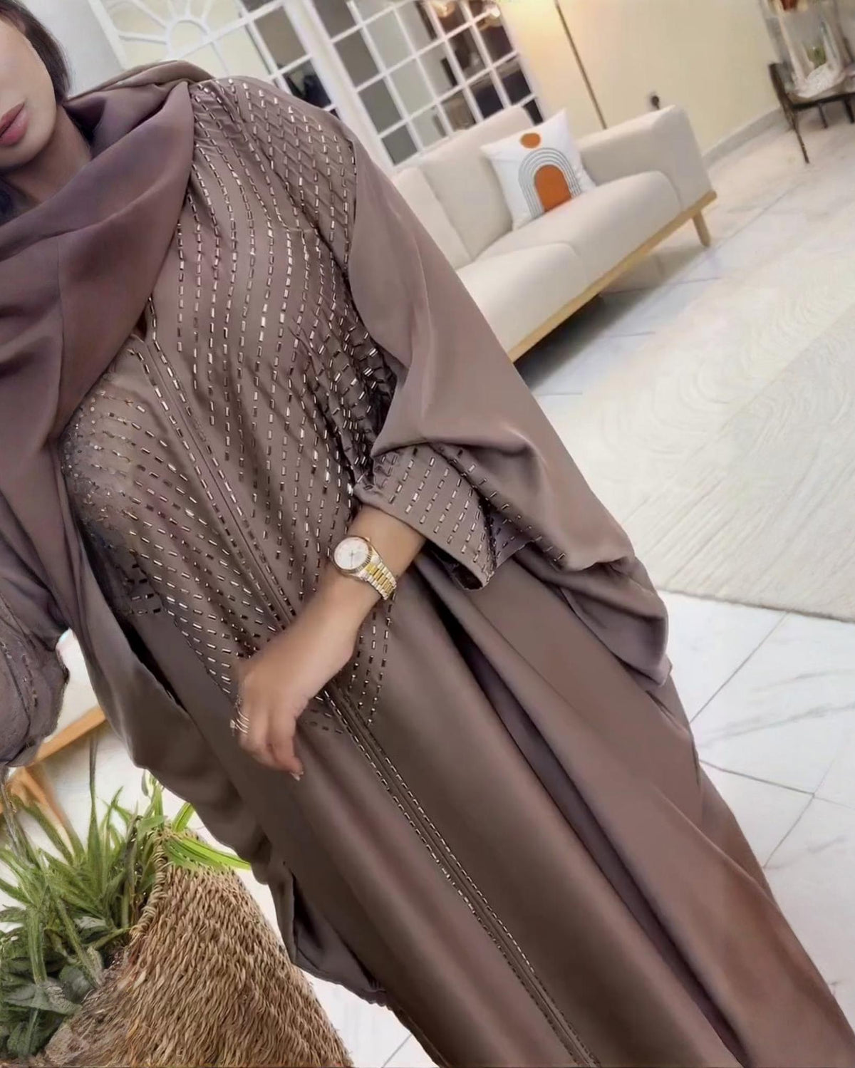Premium Mocha Brown Qatri Nida Farbic Hand Work Abaya With Dupatta