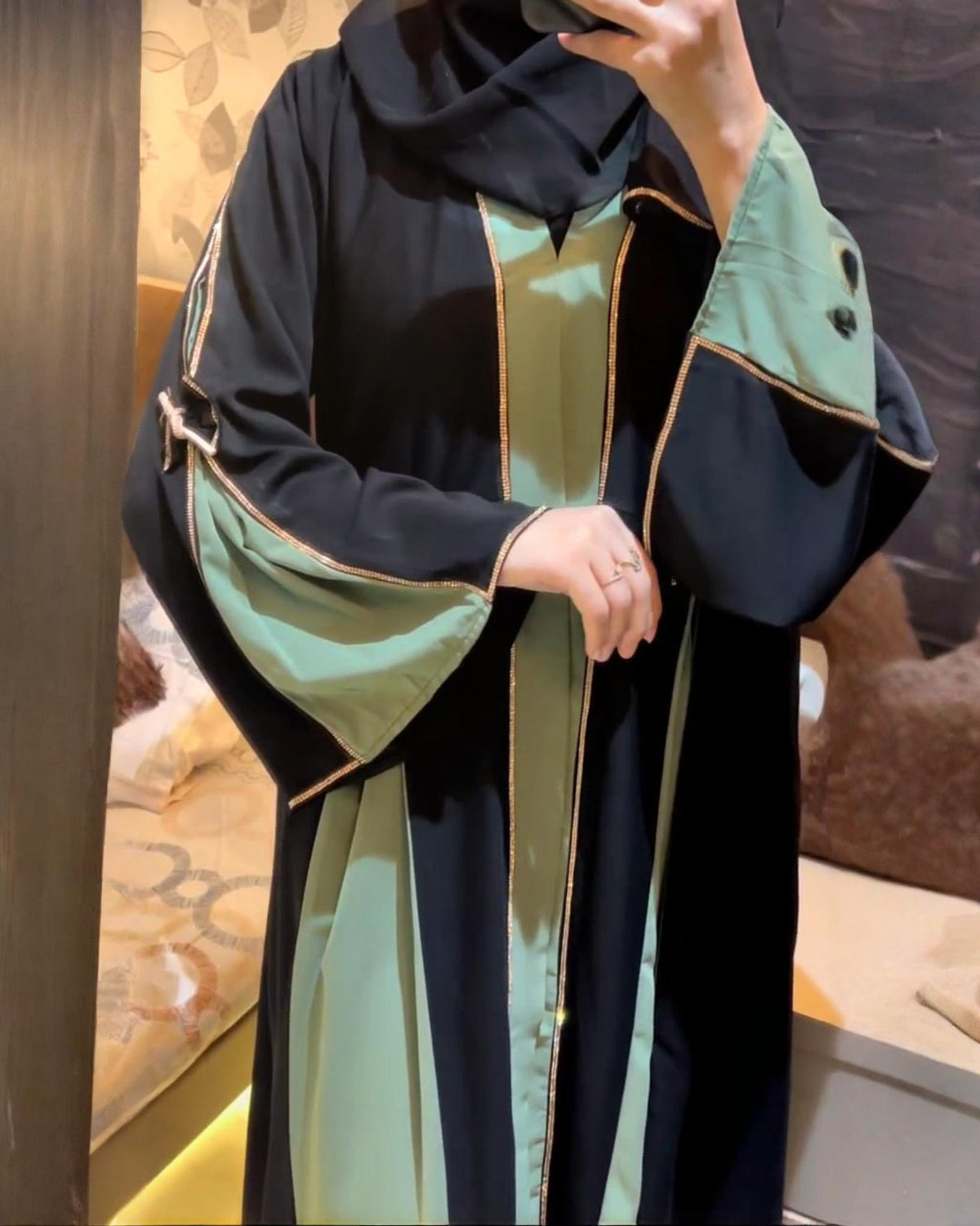 Premium Black with Mint Green Qatri Nida Farbic Hand Work Abaya With Dupatta