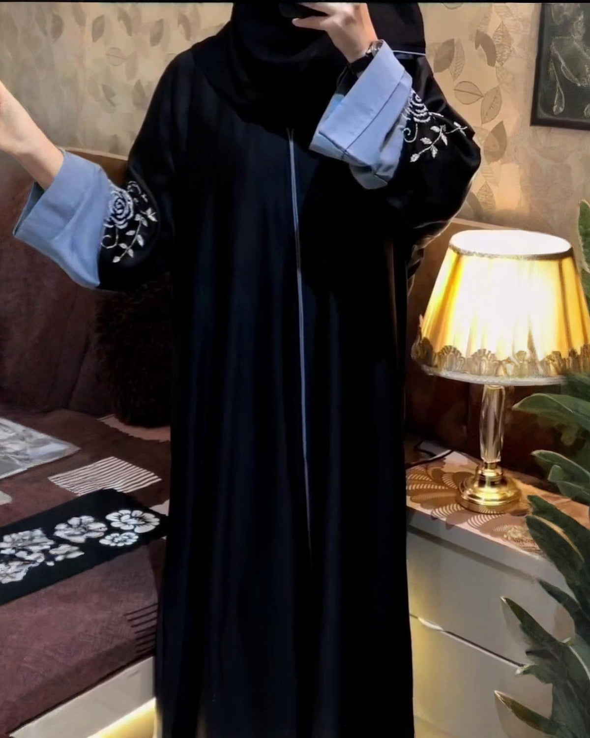 Premium Classic Black Qatri Nida Farbic Hand Work Abaya With Dupatta