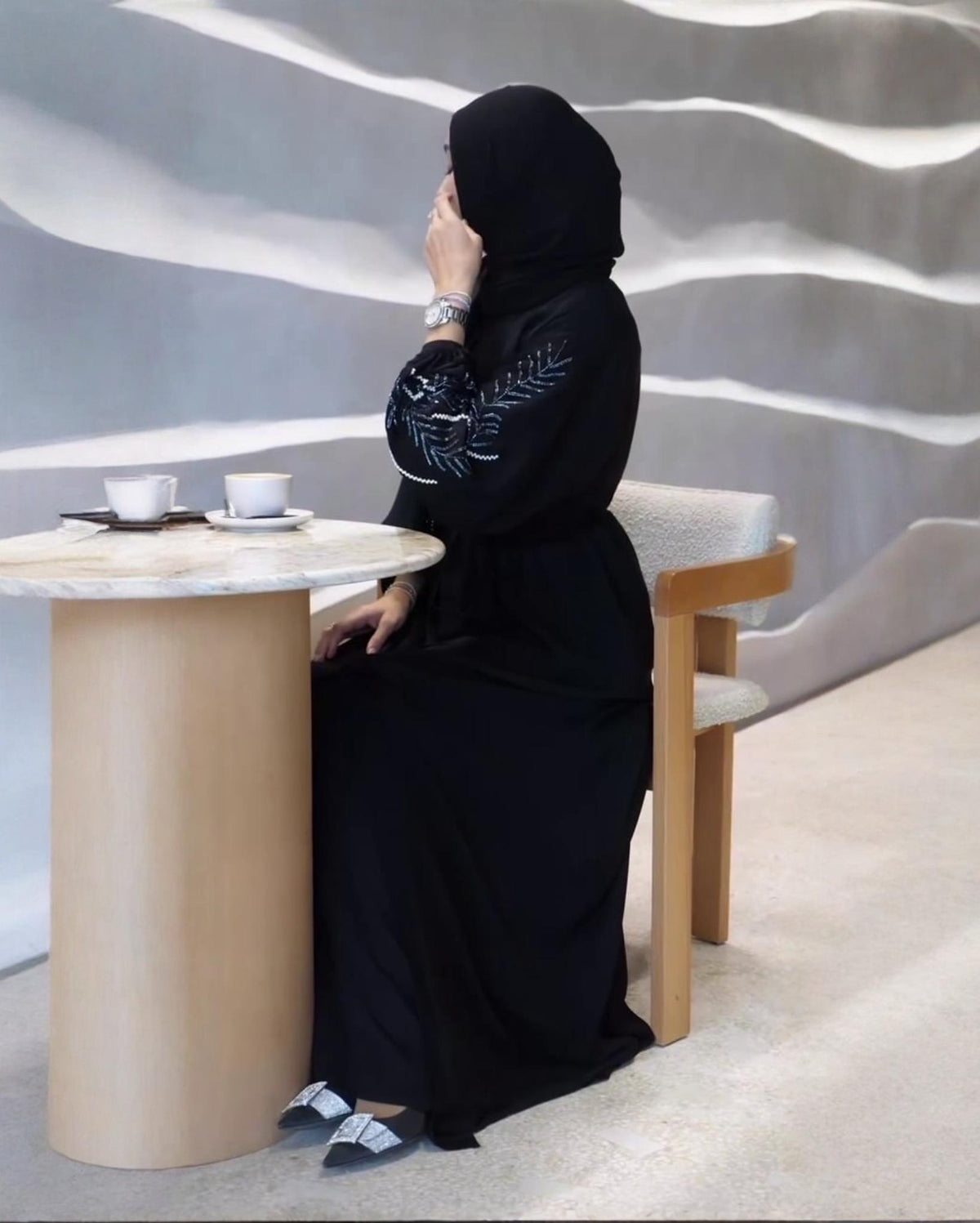 Premium Classic Black Qatri Nida Farbic Hand Work Abaya With Dupatta