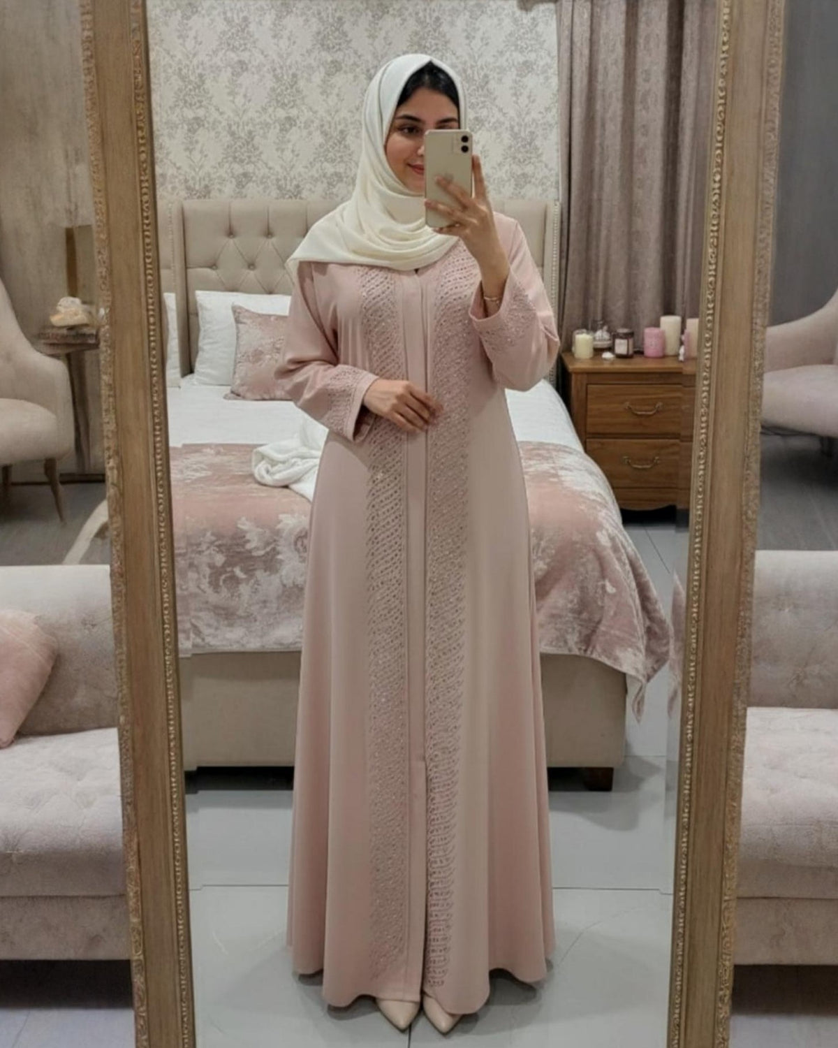 Premium 4 elegant colors available – Biscuit, Onion Pink, Teal Blue & Light Peach Qatri Nida Farbic Hand Work Abaya With Dupatta