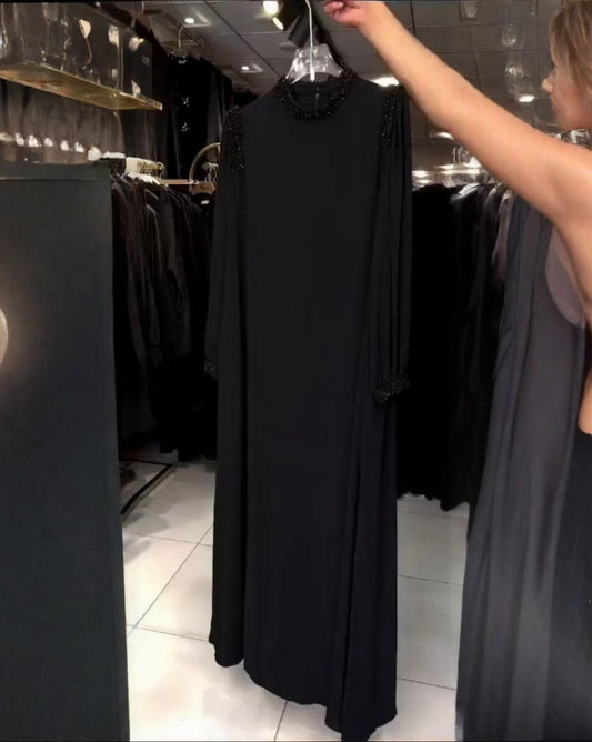Premium Classic Black Nida Fabric Abaya with Elegant Handwork & Stylish Loose Fit Design
