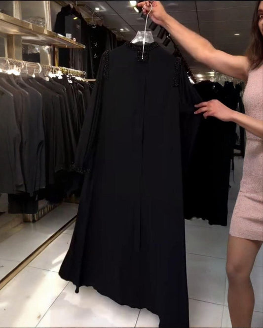 Premium Classic Black Nida Fabric Abaya with Elegant Handwork & Stylish Loose Fit Design
