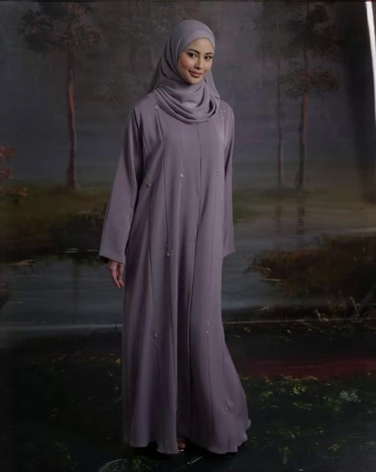 Premium Dusty Lavender Nida Fabric Abaya with Elegant Handwork