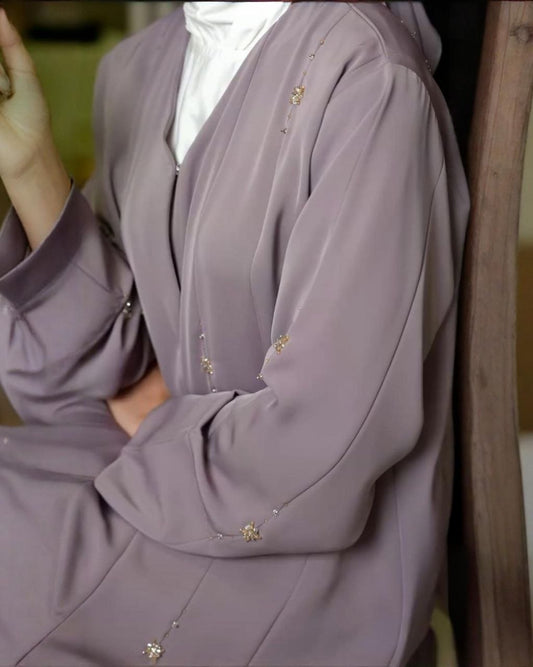 Premium Dusty Lavender Nida Fabric Abaya with Elegant Handwork